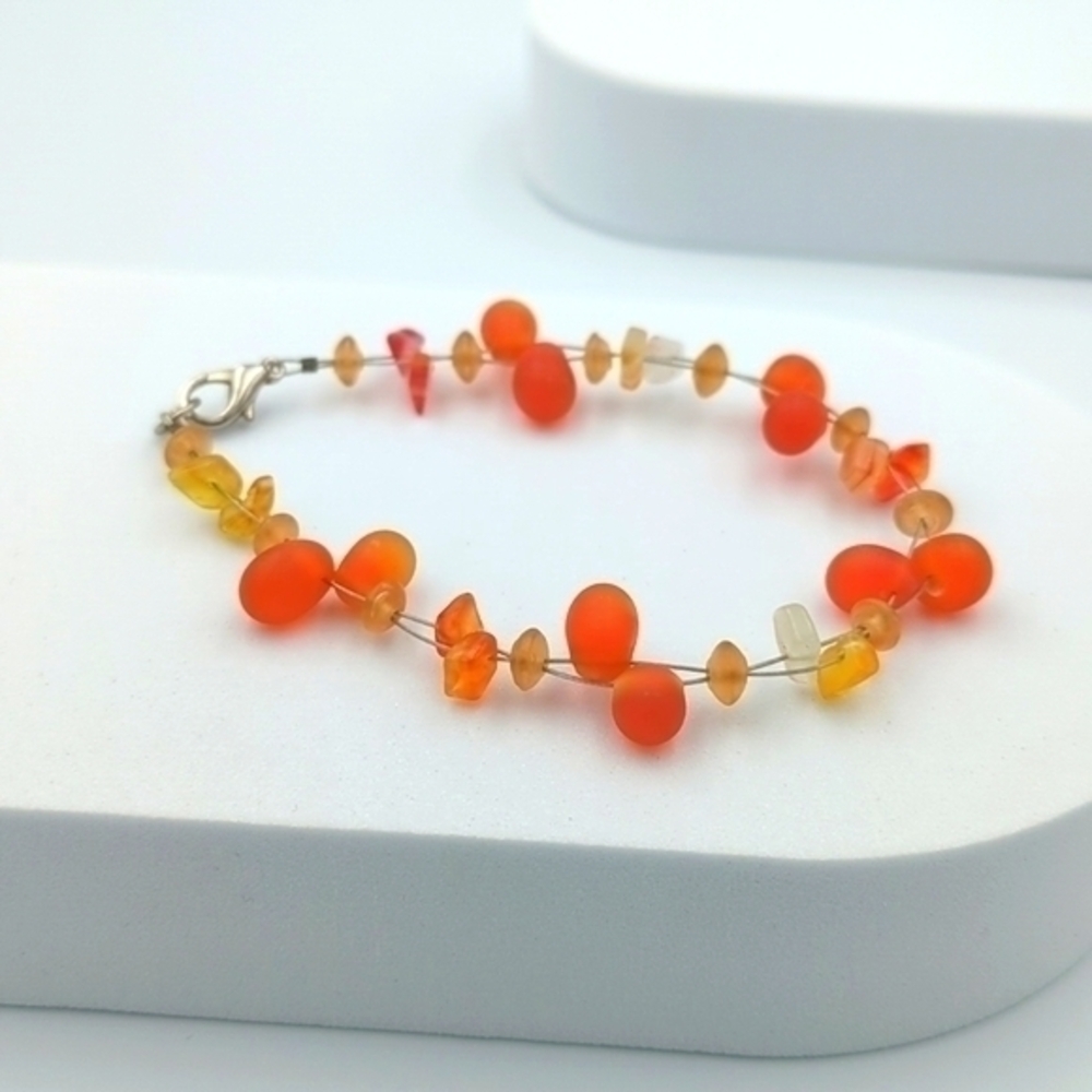Wire orange lampwork frosted glass beaded bracelet